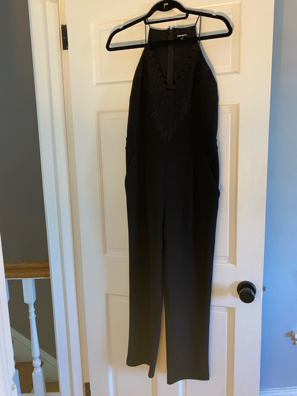 Express Black Crochet-Front Halter Jumpsuit